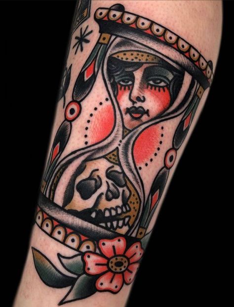 Skull hourglass tattoo in traditional tattoo style by aaronfrancione Hourglass Tattoo Stencil, Skull Hourglass Tattoo, Reference Tattoo, Flower Floor, Traditional Tattoo Inspiration, Hourglass Tattoo, Traditional Style Tattoo, Tattoo Reference, Marvel Tattoos