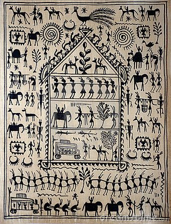 Traditional Indian art on silk Warli Art On Fabric, Warli Art Elephant, Warli Art Village Scene, Warli Animals And Birds, Warali Canvas Painting, Worli Painting, Ancient Indian Art, Ancient Drawings, Pichwai Paintings