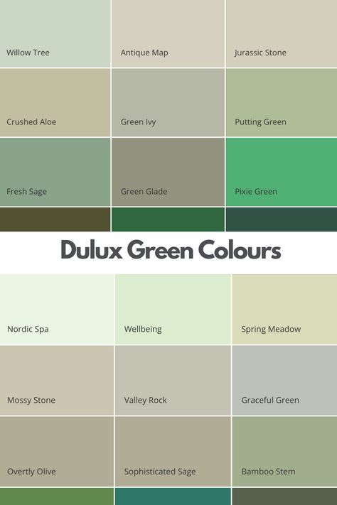 Dulux green colours, this image shows over 25 different green paint colours by Dulux ranging from light sage green to shades to more defining dark green colours. Dulux Graceful Green, Sage Dulux Paint, Dulux Light Green Paint Colours, Dulux Bamboo Stem, Dulux Highland Green, Dulux Dark Green Paint, Dulux Pale Sage, Dulux Green Living Room, Dulux Everglade Forest Green