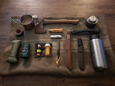 My 12 year old son's beginning of his bushcraft kit. #TrailLifeUSA Adventure Gear Herbalist, Bushcraft Tools Garage, Bushcraft Tool Kit, Trail Life Usa, Bushcraft Pack, Bush Craft Survival, Haversack Bushcraft Kit, Hiking Supplies, Bushcraft Kit