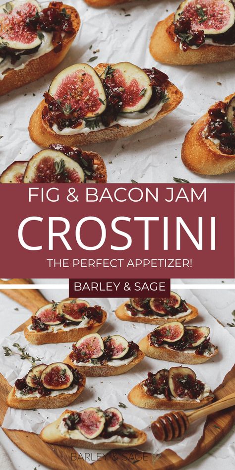 These crostini are smeared with goat cheese and topped with fresh figs and homemade bacon jam, then drizzled with honey and fresh thyme! Bacon Jam Crostini, Bacon Jam Appetizer, Winter Crostini, Game Day Brunch, Crostini Recipe, Sage Recipes, Homemade Bacon, Goat Cheese Crostini, Crostini Appetizers