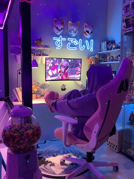 Game Setup, Kawaii Bedroom, Otaku Room, Gamer Room Decor, Video Game Room Design, Gaming Setups, Neon Room, Bedroom Setup, Gaming Room Setup