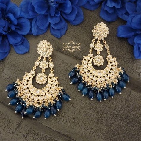 Polki Studs, Wide Pictures, Heavy Jewellery, Wedding Jewellery Designs, Pakistani Earrings, Dark Blue Earrings, Wedding Jewelry Sets Bridal Jewellery, Kundan Jewellery Set, Engagement Mehndi Designs