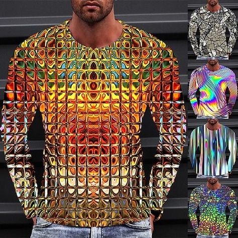 Homme T shirt Tee Graphic Dégradé chemise métallisée Col Ras du Cou Vêtement Tenue 3D effet Extérieur du quotidien manche longue Imprimer Rétro Vintage Mode Design Graphic Gradient, Metallic Shirt, Vintage Designer Fashion, Graduation Outfits, Streetwear Mode, Summer Concert, Tee Shirt Homme, 3d T Shirts, Crew Neck Shirt