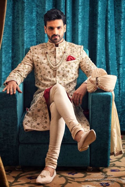 Groom Wear - The Dapper Groom! Photos, Hindu Culture, Beige Color, Groom Sherwani, Designer Groom Wear, Footwear pictures, images, WeddingPlz Indian Groom Dress, Sherwani For Men Wedding, Dapper Grooms, Groom Dress Men, Indian Groom Wear, Wedding Dresses Men Indian, Groom Photoshoot, Sherwani Groom, Groom Wedding Dress