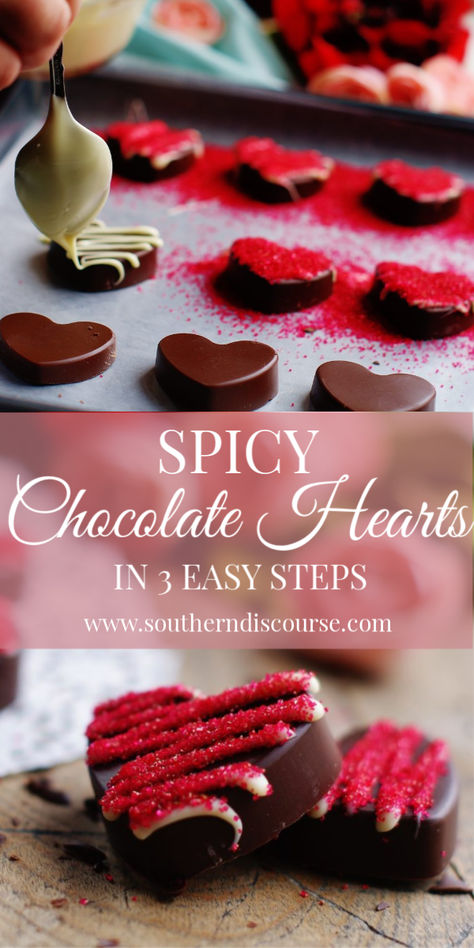 Spicy Chocolate Hearts in 3 Easy Steps - southern discourse Silicone Heart Mold Desserts, Homemade Valentines Day Chocolates, Homemade Valentines Chocolates, Chocolate Valentine Ideas, Diy Valentines Chocolate, Valentines Chocolate Ideas, Candy Molds Ideas, Silicone Mold Desserts, Candy Molds Recipes