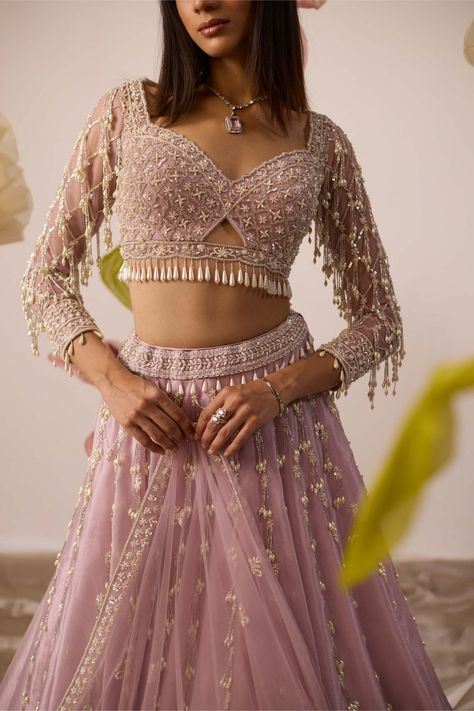 Roqa | Lily Pink Lehenga Set | INDIASPOPUP.COM Reception Lehenga Blouse Designs, Simple Net Lehenga Designs, Heavy Lehenga Designs, Lehengas For Bride Sister, Moti Work Blouse Designs, Trendy Blouse Designs For Lehenga, Light Purple Lehenga, Heavy Blouse Designs, Reception Lehanga