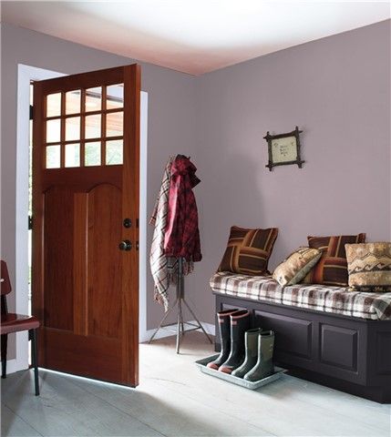 Look at the paint color combination I created with Benjamin Moore. Via @benjamin_moore. Walls: Amethyst Sky 1447; Trim: Celestia Blue 1429; Bench: Galaxy 2117-20. Benjamin Moore Neutral Paint Colors, Swiss Coffee Paint, Green Grey Paint, Kendall Charcoal, White Heron, Greige Paint Colors, Greige Paint, Color Combinations Paint, House Color Palettes