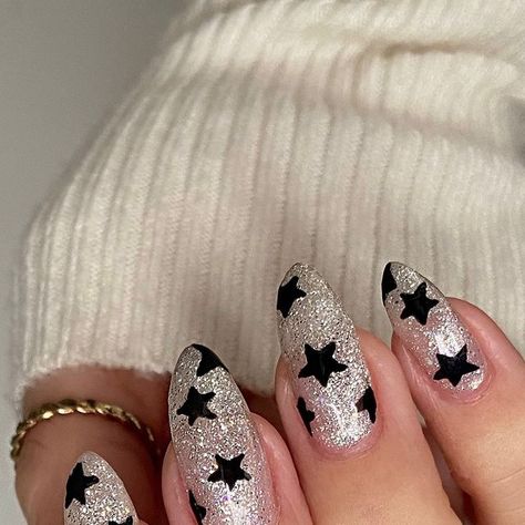 Sparkly Star Nails, Silver Stars Nails, Glitter Star Nails, Half Moon Manicure, Stars Nails, Shiny Nails Designs, Star Nail Designs, Moon Manicure, Star Nail