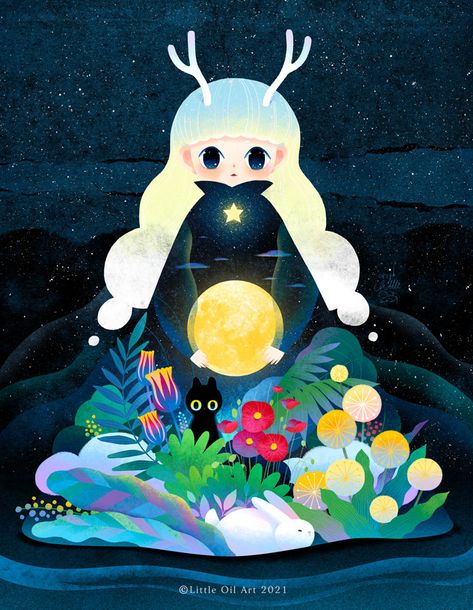 Soul Illustration, Holding The Moon, 동화 삽화, Illustration Art Kids, Oil Art, Rainbow Art, Children Book, Magical Forest, Ethereal Art