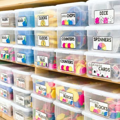 Classroom Bin Organization, Classroom Organization Bins, Organizing Math Manipulatives, Math Manipulative Storage Organization Ideas, Teacher Storage Organization, Math Manipulative Storage, Manipulative Storage, Classroom Storage Ideas, Kindergarten Storage