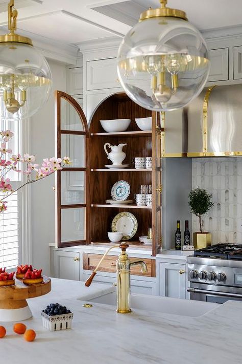 Living Room Mirror Decor, Dark Stained Wood Floors, Built In China Cabinet, Living Room Mirror, Light Gray Cabinets, Room Mirror, Gold Award, Studio Kitchen, Transitional Kitchen