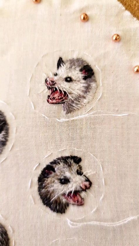 Gonna turn these into necklaces. Screaming opossums speak to my soul.: Embroidery Embroidery Possum, Opossum Cross Stitch, Opossum Embroidery, Cryptid Embroidery, Possum Embroidery, Creepy Embroidery, Weird Embroidery, Grunge Embroidery, Embroidery Pins