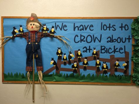 We have lots to CROW about fall scarecrow bulletin board I made Scarecrow Bulletin Boards For Daycare, Scarecrow Bulletin Board, Christian Boards, Bulletin Ideas, Work Bulletin Boards, Art Bulletin Boards, Scare Crow, Brag Board, Hallway Displays