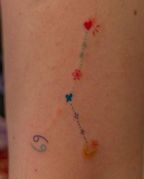 Cancerian Tattoo For Women, Bff Tats, Emoji Tattoo, Small Tattoos Ideas, Small Colorful Tattoos, Whimsical Tattoos, Sakura Tattoo, Astrology Tattoo, Birthday Tattoo