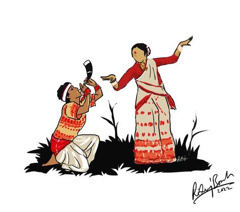 Bihu Dance Assam illustration Assam Bihu Dance Drawing, Bihu Dance Illustration, Bihu Festival Drawing, Bihu Drawing Ideas, Assam Culture Drawing, Bihu Assam Painting, Bohag Bihu Drawing, Magh Bihu Drawing, Bihu Dance Drawing