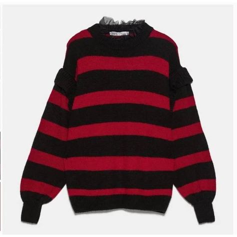 Zara Mohair Striped Knit Sweater With Tulle Red Black New With Tags Women's Size M Approximate Flat Measurements: Chest 24" Length 25" 47% Acrylic 45% Polyamide, 8% Mohair Removable Black Tulle Neckline Crew Neck Red And Black Stripes Pullover Ruffle Accent Sleeves Zara Knitwear, Loose Pullover Sweater, Mesh Sweater, Striped Knit Sweater, Sheer Sweater, Black Tulle, Long Sleeve Pullover Sweater, Zara Sweater, Beige Sweater