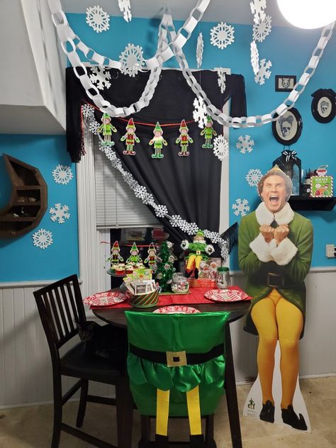 Christmas Table Contest Ideas, Christmas Movie Cubicle Decorations, Elf Trunk Or Treat Ideas, Elf The Movie Office Decorating Ideas, Elf Cubicle Christmas Decorations, The Movie Elf Decorations, Buddy The Elf Diy Decorations, Elf Trunk Or Treat, Elf Movie Office Decorating Ideas