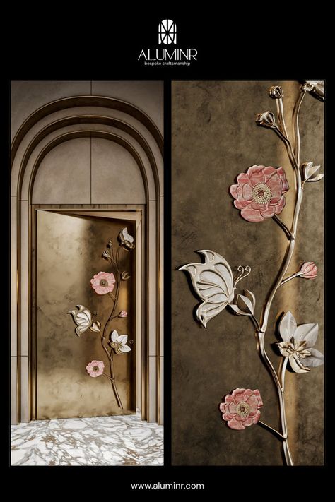 In design, materiality is a major sphere that rules over aesthetics, strength, and function. With every material choice, you have the opportunity to define what your design exemplifies. Those like brass give a distinct feel to luxury doors - explore how! butterfly floral indian inspired metal doors Gates entrance stylish doors wall sculpture art gorgeous doors main design photos metal front doors decor Newyork Nature Bronze metal Front door California Texas Florida Expert Luxury Premium doors Entrance Inspiration, Metal Front Doors, Bed Side Table Design, Luxury Entrance, Brass Wall Art, Metal Front Door, Metal Doors Design, Stylish Doors, Mandir Design