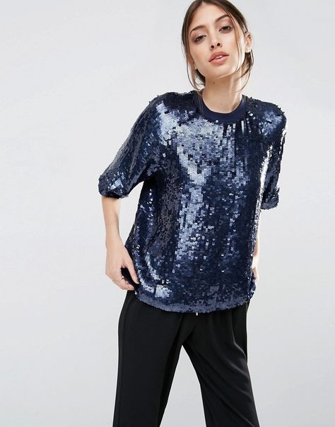 ASOS Sequin Navy T-Shirt Sequin Shirt Outfit, Sequin Top Outfit, Sequins Top Outfit, Sparkly Tops, Sequence Top, Sparkly Outfits, Sequin Shirt, Event Outfit, Tops Casual