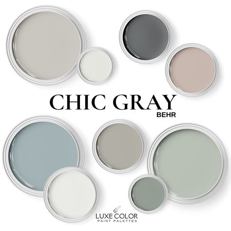 Chic Grey Behr Paint, Behr Bathroom Colors, Behr Chic Gray Paint, Chic Gray Behr Paint, Behr Chic Gray, Color Palette For Kitchen, House Color Palette Interior, Gray And Green Living Room, Laundry Room Colors Scheme