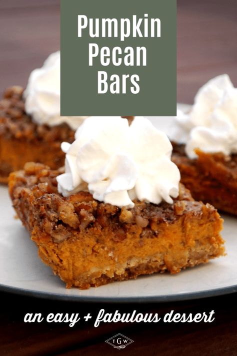 Decadent Pumpkin Pecan Bars - The Gingered Whisk Pumpkin Pecan Bars, Friend Get Together, Pumpkin Bars Recipe, Easy Pumpkin Bars, Pecan Bars Recipe, Fall Desserts Pumpkin, Pecan Pie Bars Recipe, Quick Oatmeal, Easy Bar