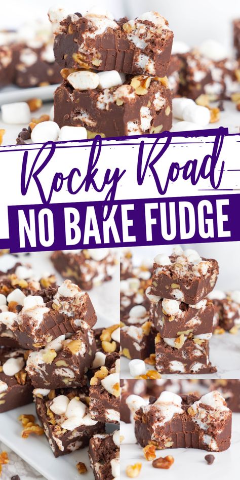 Rockyroad Fudge Recipes, Rocky Road Fudge Easy, Easy Rocky Road Fudge, No Bake Fudge Recipes, Fudge Business, Rocky Road Squares, Goonies Halloween, Fall Fudge, Rocky Road Fudge Recipe