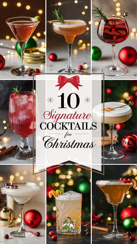 "Discover 10 signature cocktails for Christmas that will elevate your  holiday celebrations! From festive beverages to holiday wine cocktails,  these fun signature cocktails are perfect for your Christmas party. Impress  your guests with crowd-pleasing Christmas bar drinks and spicy Christmas  cocktails. Whether you're looking for dinner ideas for a Christmas party or  festive drinks to enjoy, our collection of holiday drinks has something for  everyone!" Signature Drinks For Christmas Party, Holidays Cocktails Drink Recipes, Christmas Alcoholic Drink Ideas, Christmas Cocktail Flights, Christmas Spritzer Cocktails, Classic Christmas Drinks, Christmas Welcome Drinks, Christmas Spiked Drinks, Cocktail Christmas Gifts