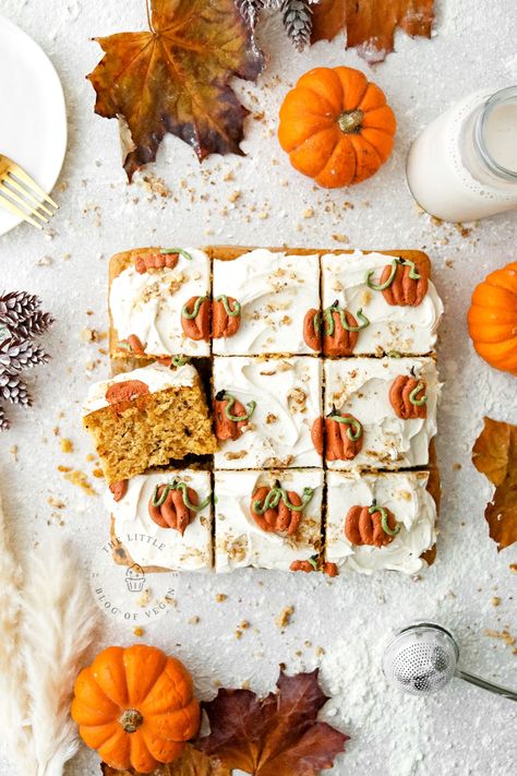 pumpkin sheet cake with cream cheese frosting and mini pumpkins piped on top. Pumpkin Spice Sheet Cake, Spice Sheet Cake, Black Cherry Jam, Vegan For A Week, Cheesecake Vegan, Pumpkin Sheet Cake, Vegan Pumpkin Spice, Dairy Free Cream, Pumpkin Spice Cake