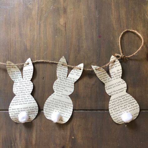 I saw this cute bunny garland idea on Pinterest and made a few to add to my Spring/Easter decor. It was so quick and easy to make and can be hung anywhere to add extra detail to spring displays! 🐰 Find an old book I got a book from a charity store to tear out pages to use. It’s worth bearing in mind the type of book you pick to ensure that content is appropriate to hang in the house! Create a stencil I printed a stencil and traced the outline on the book pages. I just found one onl… Easter Home Decorations, Påskeaktiviteter For Barn, Bunny Garland, Easter Decor Ideas, Budget Friendly Diy, Easter Pillows, Easy Easter Decorations, Unique Easter, Easter Egg Designs