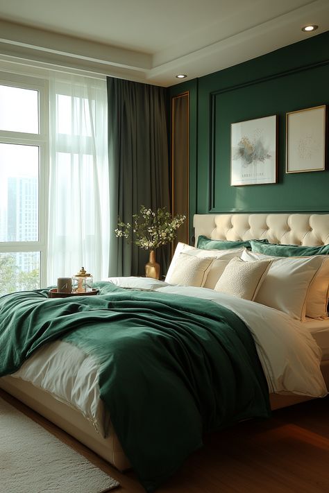 Dark green and gold bedroom ideas work for every style. Explore deep forest green walls, gold accent furniture, and luxurious metallic details. Discover emerald velvet headboards, antique gold mirrors, and ornate light fixtures. Find inspiration for dark green bedding with gold trim, gilded picture frames, and lush plant displays to design an opulent and cozy bedroom retreat that combines natural depth with glamorous golden touches. Dark Green And Gold Bedroom, Green Gold Bedroom, Forest Green Walls, Green And Gold Bedroom Ideas, Dark Green Bedding, Green And Gold Bedroom, Gold Accent Furniture, Gold Bedroom Ideas, Gold Sunburst Mirror