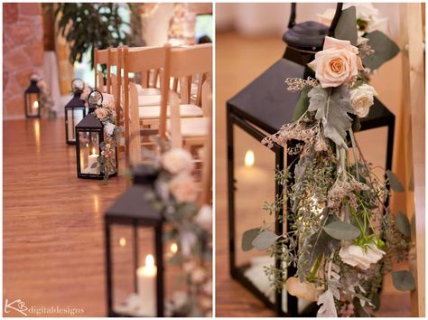 lanterns were used during the ceremony to decorate the aisle, then once the chairs were broken down and the room was flipped for the reception, some of the tables had lanterns as their centerpiece. photos by: kbdigital designs Wedding Arbor With Lanterns, Wedding Aisle Lanterns, Wedding Aisle Decorations Outdoor, Wedding Walkway, Wedding Isles, Aisle Runner Wedding, Wedding Lanterns, Wedding Aisle Decorations, Rustic Fall Wedding