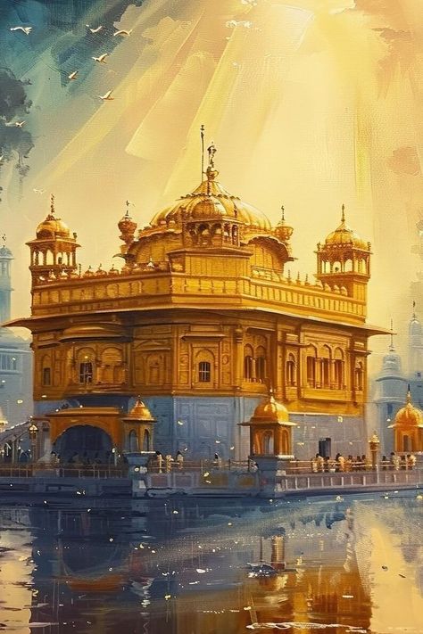 Land Painting, Village Scene Drawing, Golden Temple Wallpaper, Temple Wall Art, Guru Nanak Ji, Sikh Art, Human Painting, Guru Nanak Wallpaper, Harmandir Sahib