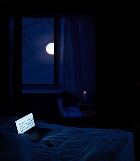 #night #black #blue #moon #moonlight #dark #photography #window #curtains #books #sea #ocean #river #boats #candles #sky #clouds #silhouette #silver #clear #empty #alone #lonely #serenity #bedroom #bed #sheet #fullmoon #laptop #stationery Blue Hour Bedroom Aesthetic, Gacha Bedroom Background Night, Chill Room Aesthetic, Serenity Bedroom, Room Aesthetic Dark, Bedroom At Night, Dark Blue Rooms, Night Room, Room At Night