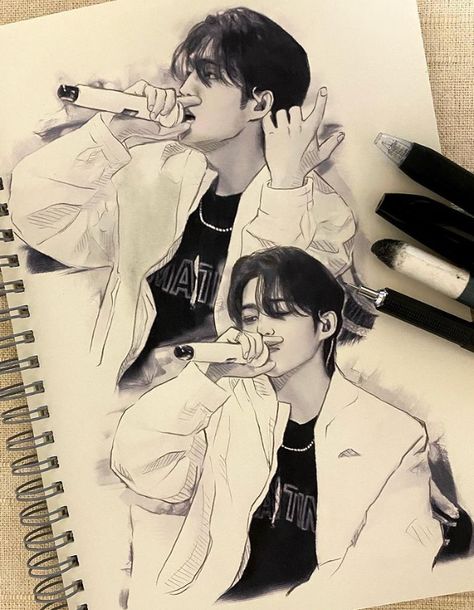 Jeonghan Sketch Pencil, Scoups Drawing, Seventeen Drawing Pencil, S Coups Fanart, Seventeen Sketch, Scoups Fanart, Kpop Drawings Seventeen, Svt Fanart, Drawing Grid