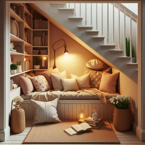 27 Ingenious Under Stairs Storage Ideas » HomeDecorFull Interior Under Stairs Ideas, Niche Under Stairs, Under Stair Shelving, Under Stairs Cubby, Under Stair Toy Storage, Cosy Staircase, Reading Book Under Stairs, A Frame Storage Ideas, Under Stairs Book Nook