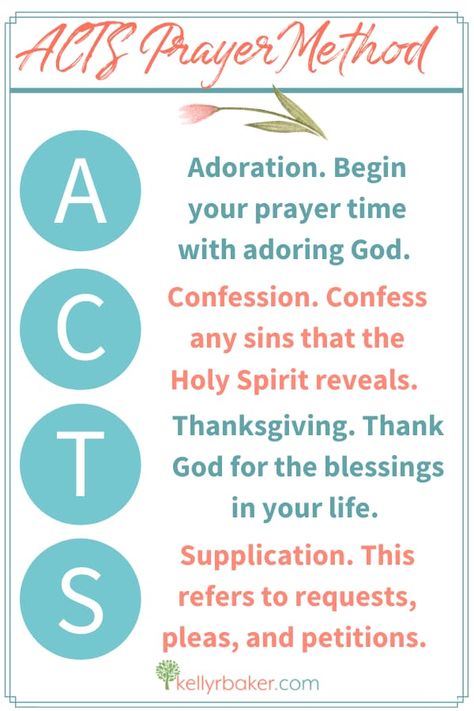 The ACTS prayer method, popularized by its simplicity, has been around for a long time. If you don’t know where to start, use this acronym. Check out the prayer guide to learn more on how to pray. #prayermethod #prayerguide #howtopray Tacos Prayer Method, How To Start A Prayer, Acts Prayer Method, Prayer Guide How To Pray, Pray Acronym, Prayer Acronym, Acts Verses, Prayer Methods, Scriptures Encouragement