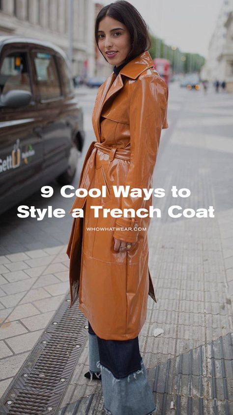 9 cool ways to style your trench coat like fashion girl. Style Leather Trench Coat, How To Style A Leather Trench Coat, Leather Trench Coat Street Style, Styling Black Leather Trench Coat, Trench Coat Fashion, Leather Trench Coat Outfit, Vinyl Trench Coat Street Style, Celebrities In Trench Coats, Trench Coat Street Style