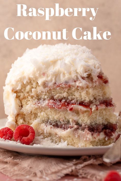 The best coconut cake ever! This raspberry layer cake recipe is so moist and loaded with flavor. A great dessert recipe for Easter brunch! Coconut Raspberry Cake Recipe, Coconut Yule Log Cake, Coconut Cake Filling Ideas, White Chocolate Raspberry Coconut Cake, Catch A Husband Coconut Cake, Boxed Coconut Cake Recipe, Easter Flavor Cakes, Coconut Layer Cake Recipe, Coconut Bunny Cake