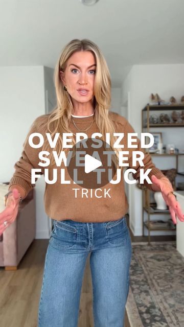 Leanne Barlow | Style Inspo on Instagram: "Comment LINK and I’ll DM you my outfit info! 

I love the look of a full tuck sweater in high rise jeans, but tucking it up into my bra isn’t always practical - here is a simple alternative to getting a full tuck without too much bulk in the front. 

MORE WAYS TO SHOP:

1️⃣ Leave a comment with the word LINK and I’ll send you an instagram direct message with the link
2️⃣ Find the links in my stories for 24 hours
3️⃣ Click the link in my bio
4️⃣ My DEC REELS highlight
5️⃣ Follow me in the @shop.LTK app - I’m @leannebarlow there

#outfitinspo #outfittip #fulltuck" Button Up With Sweater Outfit, Sweater Jean Outfit, Tuck A Sweater Into Jeans, How To Front Tuck A Sweater, Tucking Sweaters Into Jeans, How To Tuck A Sweater, How To Tuck In Oversized Sweater, Tucked In Sweater Outfit, Over Size Sweaters Outfit