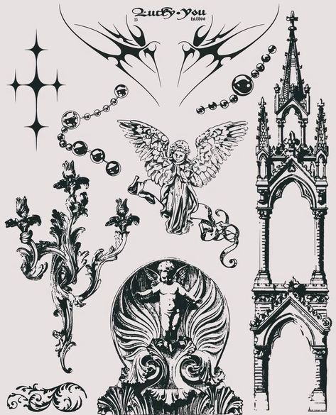 Gothic Art Tattoo Ideas, Goth Style Tattoo, Edward Gorey Tattoo, Gothic Chandelier Tattoo, Goth Ornamental Tattoo, Gothic Building Tattoo, Underground Tattoo Ideas, Vampire Tattoo Ideas Gothic, Gothic Patchwork Tattoo