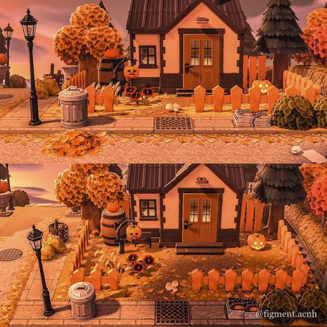 Res Rep Figment👻 on Instagram: “Kidd’s yard🎃🍂 I wanted Kidd on my island mainly because of his house exterior, but he’s really started to grow on me! Definitely going to…” Acnh Island Entrance Ideas Fall, Acnh Villager Home Exterior, Acnh Autumn House Exterior, Acnh Fall Yard Ideas, Acnh Halloween House Exterior, Acnh Halloween House, Acnh Fall House Exterior, Fall Animal Crossing Villagers, Acnh Villager House Exterior