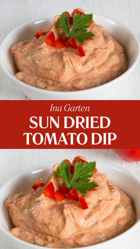 Ina Garten Sun Dried Tomato Dip Sun Dried Tomato Cheese Ball, Tomato Soup Dip, Sun Dried Tomato Appetizer, Sun Dried Tomato Dip, Sundried Tomato Dip, Tomato Appetizers, Sour Cream Dip, Yummy Bites, Tomato Dip