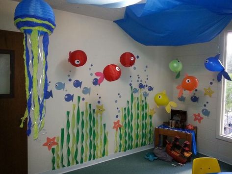 Under the sea party decorations Under The Sea Decorations Diy, Under The Sea Birthday Party Decorations, Under The Sea Display, Under The Sea Party Decorations, Underwater Birthday, Octonauts Birthday Party, Beach Decorations, Under The Sea Decorations, Sea Party Ideas