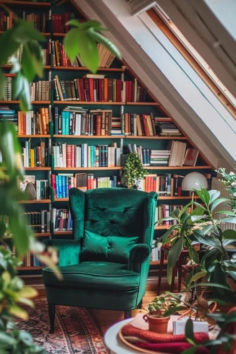 Creating an Attic Library: Book Lover's Paradise Home Library Wall Colors, Attic Study Room Sloped Ceiling, Library Office Ideas, Cozy Attic Spaces, Unique Home Library, Boho Library Room, Whimsical Attic, Library Room Cozy, Home Library Room