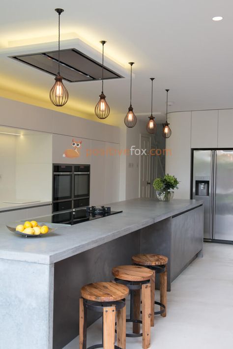 Kitchen Lighting • Kitchen • Kitchen Ceiling Lighting • Under Cabinet Lighting • Dining Area Lighting | Explore more Kitchen Lighting Ideas on https://positivefox.com Best Kitchen Lighting, Extractor Fan, Industrial Kitchen Design, Kitchen Design Color, Tiles Kitchen, Paint Kitchen, Concrete Kitchen, Popular Kitchens, Casa Container