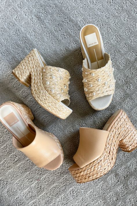 shoe flat lay, dolce vita woven platform sandals, pearl sandals 2023 Shoe Trends, Sandals Summer 2023, Platform Sandals Summer, Platform Outfit, Great Gatsby Themed Party, Spring Shoes Women, Heel Sandals Outfit, Summer Shoes Sandals, Gatsby Themed Party