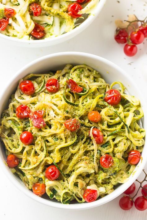 Pesto Zucchini Noodles with Burst Cherry Tomatoes have ALL the crave-worthy flavour of pasta with NONE of the guilt or carbs! Burst Cherry Tomatoes, Zucchini Noodles With Pesto, Pesto Zucchini, Pesto Zucchini Noodles, Stuffed Vegetables, Cherry Tomato Recipes, Pea Pesto, Avocado Chocolate Pudding, Tomatoes Recipe