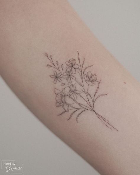 Linework Bouquet Tattoo, Fine Line Blackwork Tattoo, Farm Tattoo, Flower Bouquet Tattoo, Single Needle Tattoo, Bouquet Tattoo, Narcissus Flower, Sun Tattoos, Line Work Tattoo