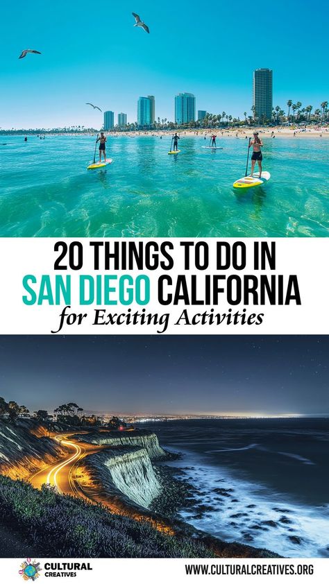 A sunny beach scene with paddleboarders and a coastal road illuminated at night, showcasing 20 Things to Do in San Diego California for Exciting Activities. San Diego Nightlife, San Diego Activities, San Diego Attractions, Delicious Tacos, San Diego Vacation, Visit San Diego, Coast Line, San Diego Travel, San Diego Zoo